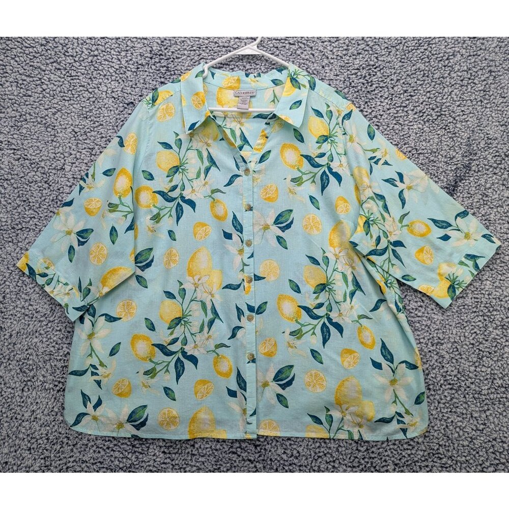 Catherines Lemon Linen Top Size 2XWP Floral Travel Vacation Beachy Plus Blue